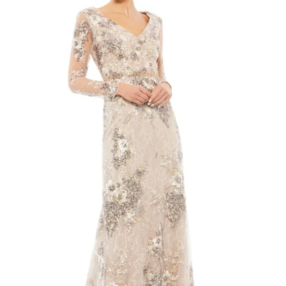 MAC DUGGAL 67539 EMBELLISHED V-NECK ILLUSIONS LONG SLEEVE TAUPE GOWN sz 16 - Picture 2 of 8